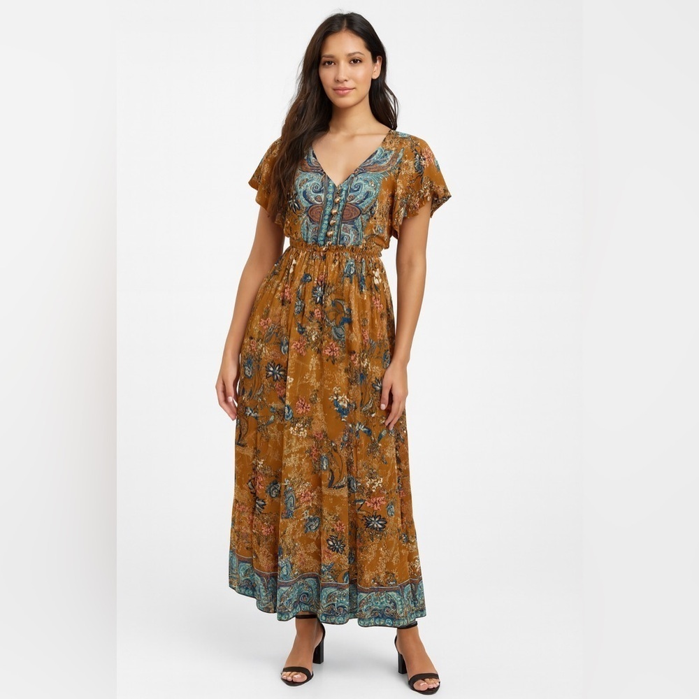 Boho Paisley Maxi Dress Size M – Rust Floral Flowy cottagecore inspired, une ami
